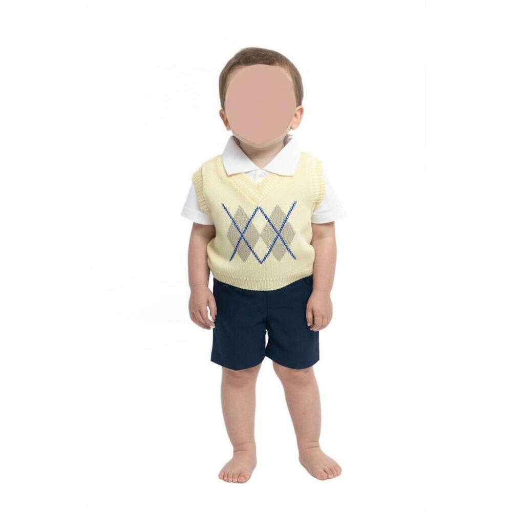 Happy Fella Baby Outfit 0-7 LBS Yellow‎ Navy Argyle Vest Polo 3PC Set Classic